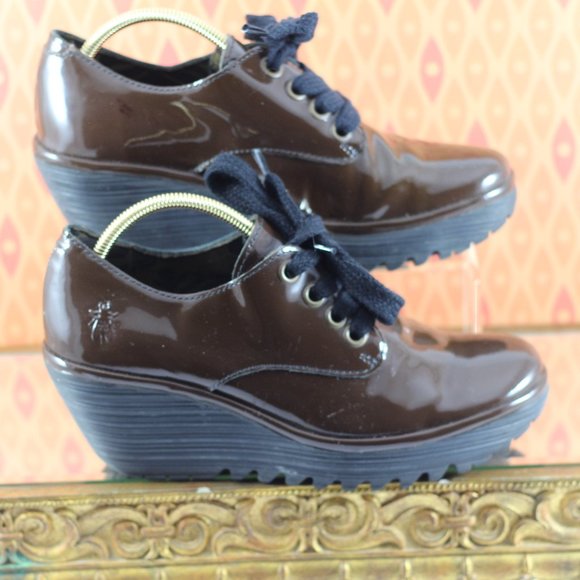 Fly London Chocolate Brown Patent Leather Wedges - Picture 6 of 16